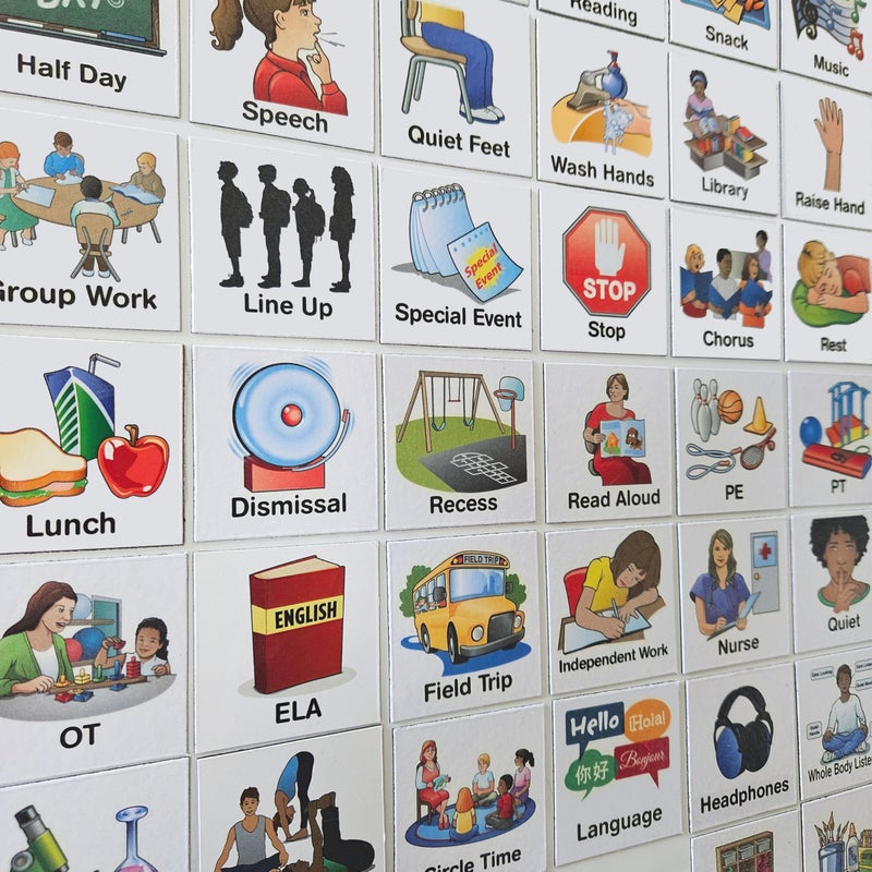 SchKIDules Visual Schedule Magnets: 87pc School Collection for Special Education and Preschool Student Support: Contains 66 (2x2) School-Themed Icons +21 Headings Available in English & Spanish - Image 1